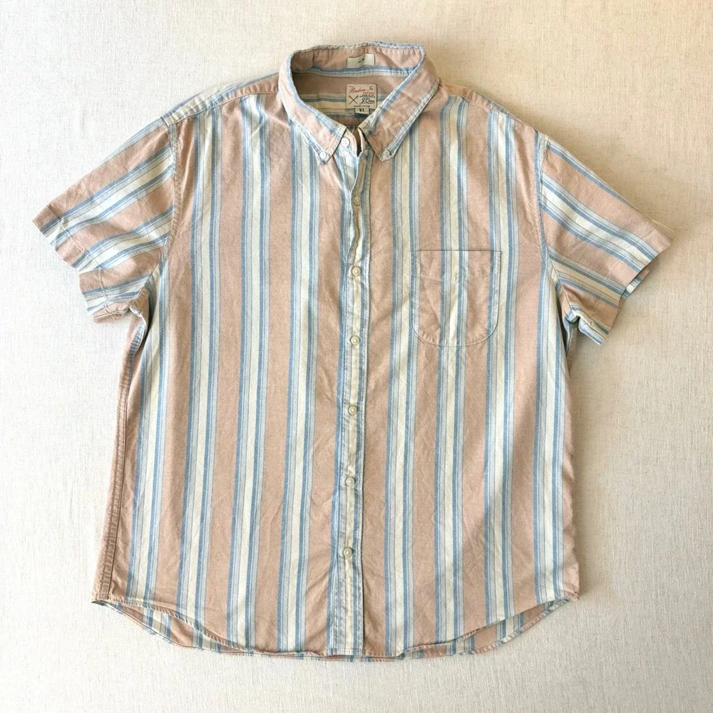 J.Crew Mens XL Slim Broken-In Oxford Shirt Short Sleeve Striped Organic Cotton